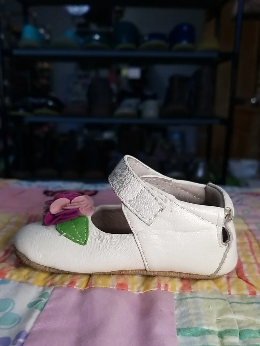 Livie & Luca White Leather Mary Jane Shoes with Purple & Pink Suede Flower 6-12